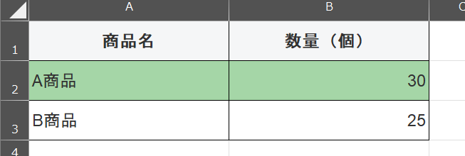 単位を見出しに移した修正後のExcel画面。数量（個）の列にA商品30、B商品25と数字だけが入力され、数値として右寄せで表示されている